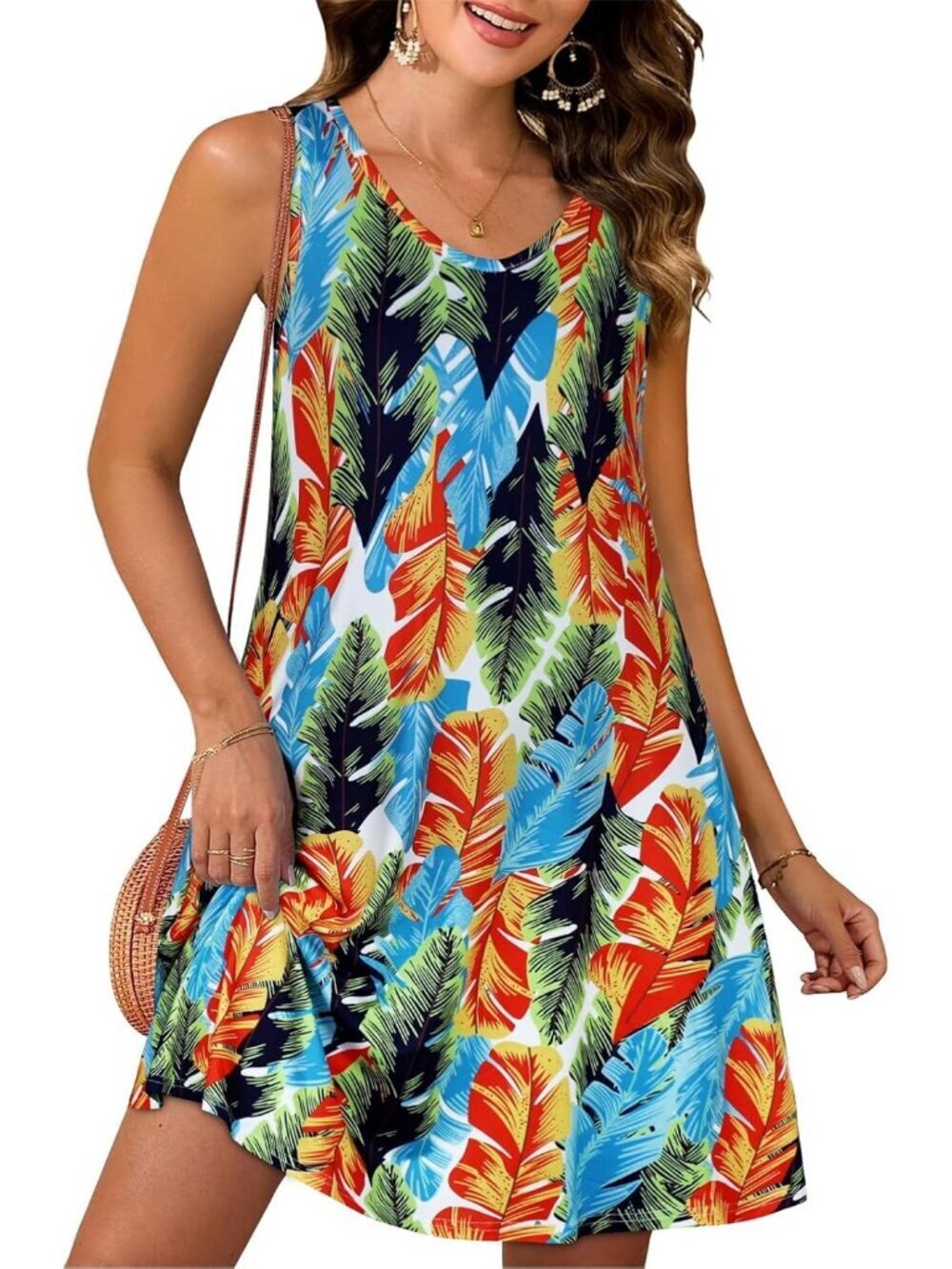 Women's Multicolor Feather Casual Sleeveless Loose Shirt V Neck Swing Mini Dress - Picture 1 of 6